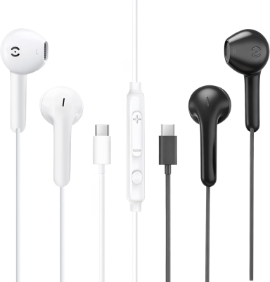 MAS CARNEY OBS! 2 Pack! USB C-Hörlurar med Kabel TH9, In-Ear Headphones Type C med Mikrofon för iPad Pro, Samsung Galaxy S25 S24 S23 A55 A53, Google Pixel, Huawei, Mi, Oppo, Svart/Vit