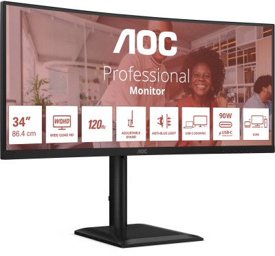34" AOC CU34E4CV, Curved VA 3440x1440, 1 ms, 120Hz FreeSync, 1500R, höjdjusterbar, 2xHDMI/DP/USB-C 90W, högtalare, USB 3.2-hubb#1