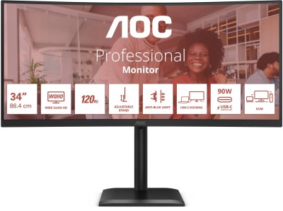 34" AOC CU34E4CV, Curved VA 3440x1440, 1 ms, 120Hz FreeSync, 1500R, höjdjusterbar, 2xHDMI/DP/USB-C 90W, högtalare, USB 3.2-hubb#2