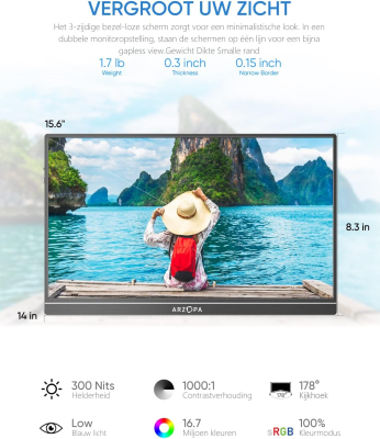 ARZOPA Bärbar bildskärm, 16.1 tum, 1080P, FHD bärbar
bildskärm, USB C, HDMI-datordisplay, HDR, ögonvård, extern skärm med
smart fodral för PC, Mac, telefon, Xbox PS5#2