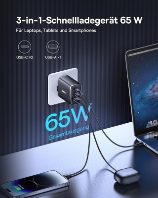 Baseus USB C Laddare 65W USB C-Strömadapter 3-portars GaN5 PD Charger PPS Kompatibel med MacBook Pro/Air, iPhone 15 Pro Max, 15, iPad Pro, Galaxy S23 Ultra, S23, S22, Steam Deck#2