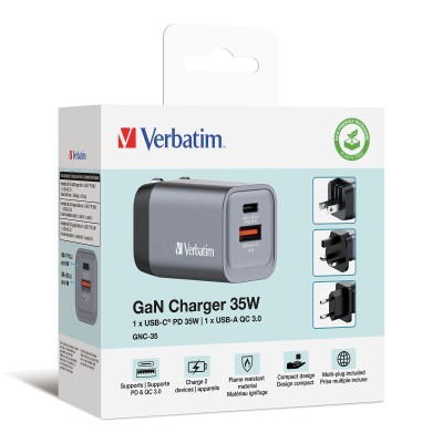 AC-adapter Verbatim GaN Charger 35W, 1xUSB-C / 1xUSB-A, inkl. reseadapter EU/UK/US#2