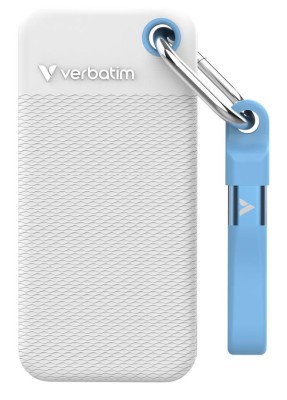 1 TB Verbatim Pocket SSD, USB 3.2 Gen2, med 2 st gummiskal - Vit/Blå