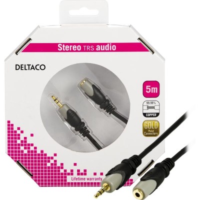 Förlängningsljudkabel stereo 3,5 mm, guldpläterad, 5 meter - Svart