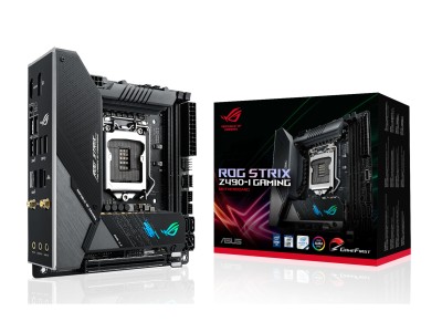 Asus ROG STRIX Z490-I Gaming, Intel LGA1200, Z490, PCI Express, Mini-ITX, CrossFireX, 2xDDR4, 2xM.2 + SATA3 RAID, HDMI/DP, USB-C, SupremeFX 7.1 audio, GigaLAN, WiFi 6, Aura Sync