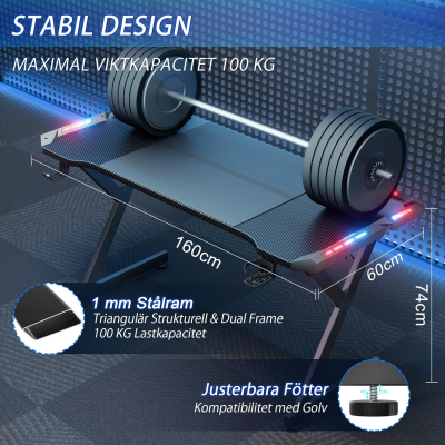 LED Gamingbord 160 x 60 cm, ergonomiskt spelbord med LED,
stabilt PC bord med kolfiberbeläggning, Gamingbord med mugghållare och
hörlurskrok, svart#3