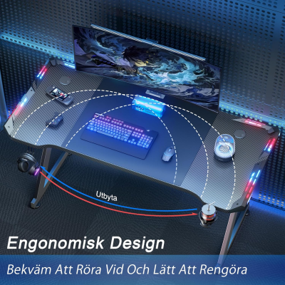 LED Gamingbord 160 x 60 cm, ergonomiskt spelbord med LED,
stabilt PC bord med kolfiberbeläggning, Gamingbord med mugghållare och
hörlurskrok, svart#5
