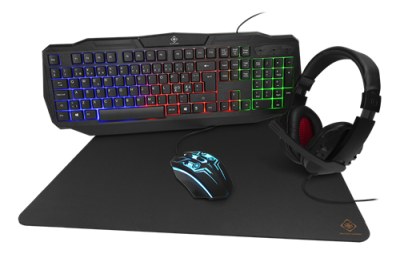 Paket: Deltaco RGB GAMING Kit, 4-i-1, tangentbord+mus+musmatta+headset - Svart
