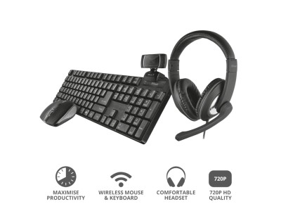 Trust QOBY 4in1 home office paket Inkluderar trådlöst tangentbord, kompakt kompakt mus, HD-webbkamera och headset#4