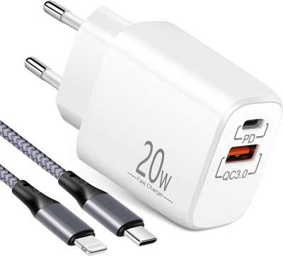20W USB C-Laddare, iPhone-Laddarkabel med Strömadapter, 2-Ports Kontakt/Adapter med PD/QC, Snabbladdare med Nylon Lightning-Kabel, Kompatibel med iPhone 13/12/11/Pro/Max/mini/SE/XR/XS/8/iPad