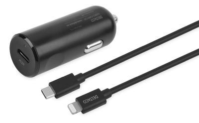 DELTACO USB car charger, 1x USB-C PD 20 W, 1 m Lightning cable, black