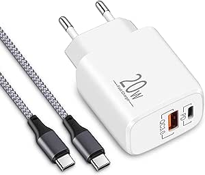 20W USB C-Laddare, USB-C-Laddarkabel med Strömadapter, 2-Ports Kontakt/Adapter med PD/QC, Snabbladdare med Nylon USB-C Kabel, Kompatibel med alla USB-C, 2 meter kabel