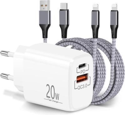 20W USB C-Laddare till Lightning med DUBBLA (2st) 2meters laddkablar i tyg -Laddarkabel med Strömadapter, 2-Ports Kontakt/Adapter med PD/QC, Snabbladdare med Nylon Lightning-Kabel, Kompatibel med alla USB-C till Lightning, 2x2 meter kabel