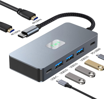 Dual Monitor USB C dockningsstation, 7-i-1 USB C Dual HDMI, HUB Macbook Pro, USB C PD 100W, USB C Data, 3 USB3.0, Multiport Type C-adapter för MacBook, Dell, HP, PC, OBS! Klarar 100W+ laddning