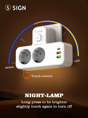 Grenuttag/laddare SiGN 20W med LED-nattlampa, 2-vägs, 2xUSB-A, 1xUSB-C - Vit#3